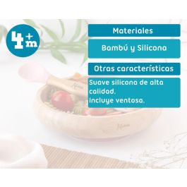 KioKids Set Vajilla Infantil Silicona y Bambú Rosa con Cuchara-Tenedor 2 en 1 Antideslizante para Bebés +4 meses Ecológico