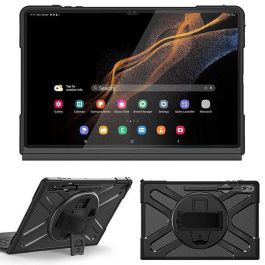 eSTUFF Funda ATLANTA Defender Antigolpes para Samsung Galaxy Tab S8 Ultra - Soporte 360°, Correa de Mano, TPU+PC, Negra