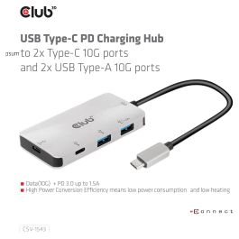 Club 3D CSV-1543 Adaptador Hub USB-C a 2x USB-C + 2x USB-A 3.2 Gen 2 con Carga de 100 W, Plata y Negro