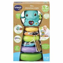 VTECH BABY Nino Baby Elephant Stacko 3 en 1: Torre de Apilamiento, Sonajero Electrónico y Juego de Montaje con Plástico de Origen Biológico Ecodiseñado