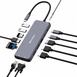 Verbatim Hub Pro Adaptador USB-C a 2xHDMI 4K 60Hz, VGA, RJ45, 3xUSB 3.2, 1xUSB-C PD 100W, Lector Tarjetas SD/microSD, Plata