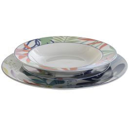 DKD Home Decor Vajilla Porcelana Set 18 Piezas Azul Verde Hojas 27 x 27 x 3 cm