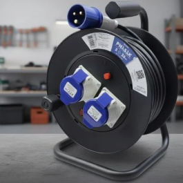 Phasak Regleta Enrollable BN 3475 | 2 Enchufes Industriales 2P+TT | Cable 25m | Negro y Azul | Protección Sobretensiones | 3000W