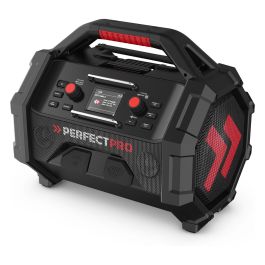 PerfectPro ROCKTAGON Radio de obra digital 30W DAB+ FM Bluetooth 5.2 IP65, 4 altavoces, compatible baterías 18V Bosch Makita DeWalt Milwaukee, USB, Negro/Rojo