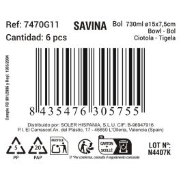 La Mediterranea Bol 730Ml Ø15 cm x 7.5 cm "Savina" Md (12 Unidades)