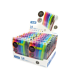Milan Bolígrafo P1 Retráctil 1 mm Touch Mini, Estuche de 7 Unidades en Colores Surtidos, Expositor de 14 Estuches