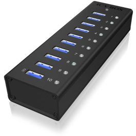 ICY BOX IB-AC6110 Hub USB 3.2 Gen 1 de 10 Puertos Tipo-A, Aluminio, con Fuente de Alimentación, 5000 Mbit/s, Negro