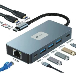Docking USB Tipo-C Leotec LEDS02/ 3xUSB/ 1xUSB Tipo-C/ 1xUSB Tipo-C PD/ 2xHDMI 4K/ 1xRJ45/ 1xLector Tarjetas SD y MicroSD/ Gris