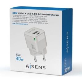 Aisens Cargador GaN 30W USB-C PD3.0 QC4.0 y USB-A QC3.0, Blanco - Carga rápida y eficiente para portátiles, móviles, cámaras y tablets