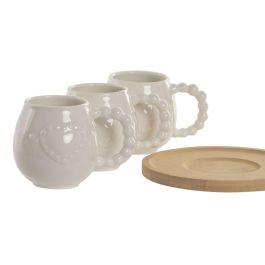 DKD Home Decor Set de 6 Tazas de Café de Porcelana y Bambú Blancas con Corazón 150ml 7.5x7x10.5cm Apto Microondas y Lavavajillas