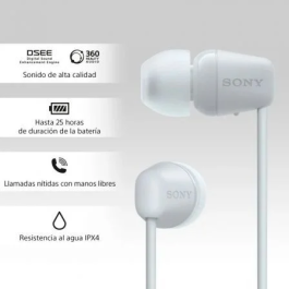 Sony Auriculares Inalámbricos WI-C100 con Micrófono, Bluetooth, Blancos - 25h Batería, IPX4