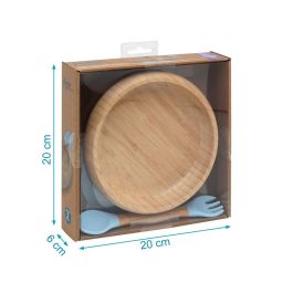 Set Vajilla Silicona Y Bambú Azul Con Cuchara-Tenedor Set Vajilla Silicona Y Bambú Azul Con Cuchara-Tenedor