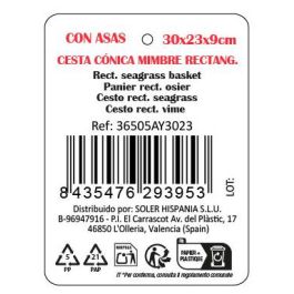 Privilege Cesta Cónica de Mimbre Rectangular con Asa 30 cm x 23 cm x 9 cm (8 Unidades)