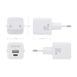 AISENS ASCH-25W2P014-W Cargador GaN 25W USB-C USB-A Doble Puerto Carga Rápida Universal para Móviles, Tablets y Portátiles Blanco