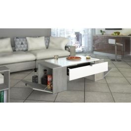 LUCKY Mesa de centro de estilo moderno con roble ceniciento y decoración blanca brillante - L 123 x W 42 cm