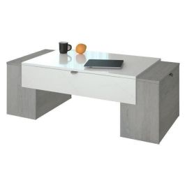 LUCKY Mesa de centro de estilo moderno con roble ceniciento y decoración blanca brillante - L 123 x W 42 cm