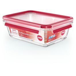 Emsa N10410 Fiambrera Hermética Clip & Close Glas, Recipiente de Cristal 1.3 L Transparente/Rojo