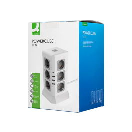 Q-connect Regleta Múltiple 16 en 1 con 12 Tomas de Corriente, 3 USB y 1 USB-C, Cable 2m, 120x120x210mm