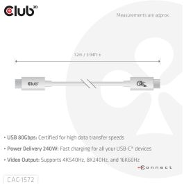 Club3D CAC-1572 Kabel USB-C 80Gbps zertifiziert PD240W/8K240Hz 1.2m weiß