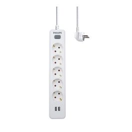 Philips Spn3052wa/10 Base Múltiple 5 Tomas Schuko con Interruptor y 2 USB a 2.4A, Cable 2m, Blanco
