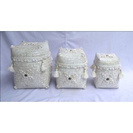 DKD Home Decor Cesta Balines Blanca de Bambú y Conchas, Set de 3 Unidades, 28 x 27 x 28 cm