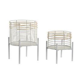 DKD Home Decor Macetero Urban de Metal y Ratán Blanco Natural de 25x25x32 cm, Set de 2 piezas