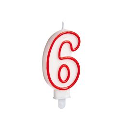 Vela Cumpleaños Número 6 Blanca con Borde Rojo - Arte Regal 4.2x8.2x1 cm (72 Unidades) Vela Cumpleaños Número 6 Blanca con Borde Rojo - Arte Regal 4.2x8.2x1 cm (72 Unidades)