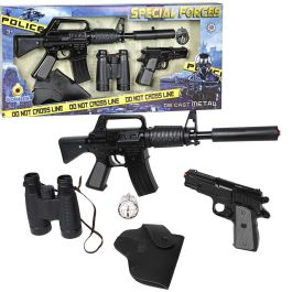 Gonher 446/6 Set de Policía Fuerzas Especiales: Rifle, Pistola Metal, Placa, Cartuchera y Prismáticos con Fulminantes 8 Tiros