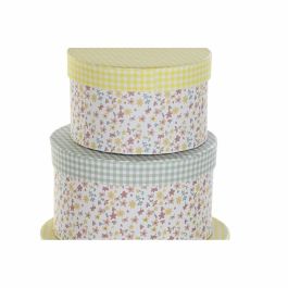 DKD Home Decor Caja Shabby Colección Vichy sweet, de Cartón Verde Amarillo Multicolor, 37.5x37.5x18 cm, Set de 10 con Flores