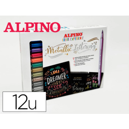 Alpino AR010701 Set Metallic Lettering con 12 Rotuladores Metálicos Doble Punta, Papel Negro y Guía