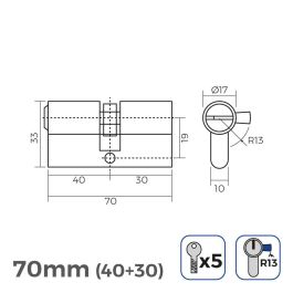 Cilindro 70mm (40+30mm) niquelado, leva corta r13 con 5 llaves seguridad incluidas Cilindro 70mm (40+30mm) niquelado, leva corta r13 con 5 llaves seguridad incluidas