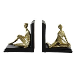 DKD Home Decor Sujetalibros Moderno de Resina Dorado Negro, Set de 2, Figura Mujer, 12x17x17.5 cm
