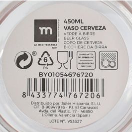 La Mediterranea Vaso Cerveza 450 ml, Alto 20 cm, Ancho 9 cm, Largo 9 cm (24 Unidades)