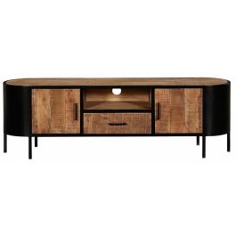 DKD Home Decor Mueble TV Vintage de Madera Mango y Metal Natural Negro con 1 Cajón, 2 Puertas y 1 Estantería 160x43x51 cm