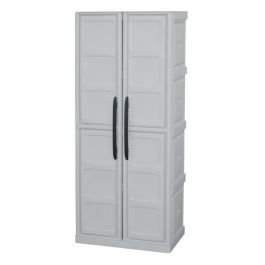 Tood Armario alto de resina con 3 estantes y portaescobillas, 2 puertas, color topo/crudo, 70x39x165 cm