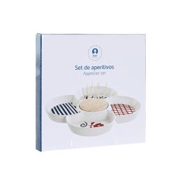 DKD Home Decor Plato Aperitivo Casita Mediterránea Azul, Rojo y Blanco de Gres y Bambú 22x22x7 cm Apto Lavavajillas