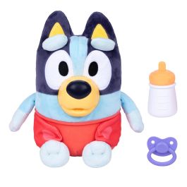 Moose 18967 Peluche Bluey Abrazos y Cuidado Baby Bluey 28cm con Pañal Biberón Chupete y 10 Sonidos para Niños +3 Años