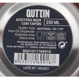 Aceitera de acero inoxidable 250 ml con tapón Quttin (12 Unidades) Aceitera de acero inoxidable 250 ml con tapón Quttin (12 Unidades)