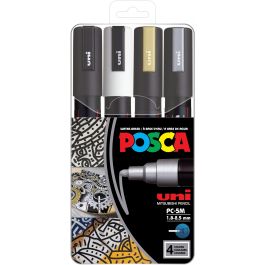 POSCA UNI PC-5M Set de 4 Marcadores de Tinta a Base de Agua, Punta Redonda Media, Colores Negro, Oro, Plata, Blanco Precio: 32.58999964. SKU: B1CWVGME6G