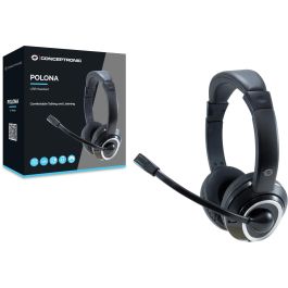 Conceptronic Auriculares USB con Micrófono Flexible y Control de Volumen, Negro-Blanco