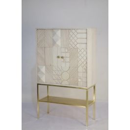 DKD Home Decor Buffet Moderno Blanco Dorado, 157x43x84 cm, 4 Puertas, 2 Estanterías, Madera de Mango y Latón, Hecho a Mano Diseño Rombo