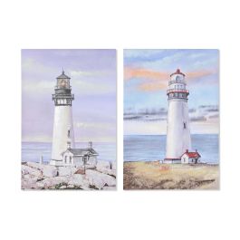 DKD Home Decor Cuadro Atlantico Blanco Azul 3 x 90 x 60 cm (4 Unidades) Lienzo MDF Faro Hecho a mano