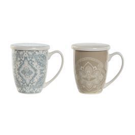 Mug Infusiones Indio DKD Home Decor Beige Azul 9 x 11 x 12 cm (2 Unidades)