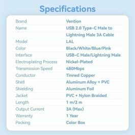 Cable USB Tipo-C Lightning Vention LALBF/ USB Tipo-C Macho - Lightning Macho/ 27W/ 480Mbps/ 1m/ Negro Cable USB Tipo-C Lightning Vention LALBF/ USB Tipo-C Macho - Lightning Macho/ 27W/ 480Mbps/ 1m/ Negro