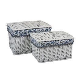 DKD Home Decor Cesta de Mimbre y Poliéster Blanco y Azul, Set de 2, Ancho 45 cm, Largo 35 cm, Alto 30 cm, Peso 1 kg