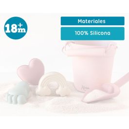 Kiokids Set de Juego de Playa 100% Silicona Rosa 5 Piezas (Cubo, Pala, 3 Figuras) | Suave, Seguro, Ecológico | +18 Meses