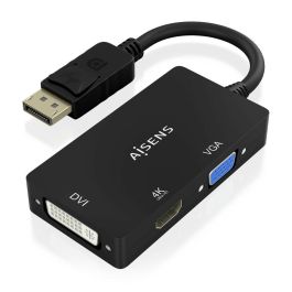 AISENS - CONVERSOR DISPLAYPORT V1.2 A VGA/DVI/HDMI, DP 1.2/M-VGA/H-DVI/H-HDMI/H 4K, NEGRO, 15CM