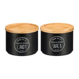 Kinvara Tarro Apilable con Tapa de Bambú, Negro, 12.7x10x12.7 cm, Surtido 2, Metal y Bambú (Set de 12)