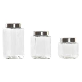 DKD Home Decor Set de 3 Botes de Cocina de Cristal y Acero Inoxidable Transparentes y Plateados, 750ml/500ml, 8.5x8.5x18cm