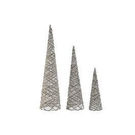 DKD Home Decor Cono de Navidad LED Alpina de Ratán Natural Blanco, Set de 3 (2 Unidades), 80 cm Alto, Funciona a Pilas